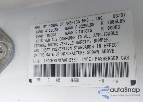 2007 Honda Accord 2.4 Ex из США, поврежденный, VIN 1HGCM727X7A012330